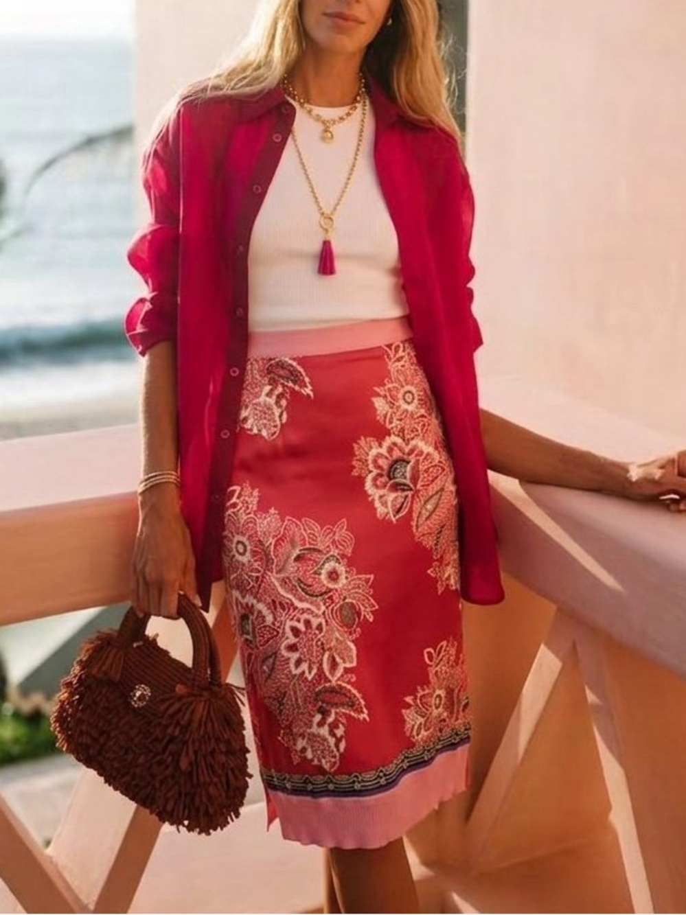 Etro Milano Silk Floral Print Knit Trim Midi Skirt Pink Red Size 40 / US 4-6